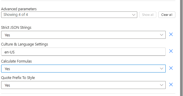 Clique para ampliar Painel de parâmetros avançados da ação Preencher do Excel: Cadeias JSON rígidas: Sim, Configurações de cultura e idioma: inglês (EUA), Calcular fórmulas: Sim, Prefixo de aspas para estilo: Sim